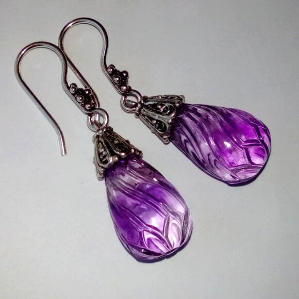 Stunning Natural Carved Amethyst In Antiqued Sterling Silver Hoop Earrin…